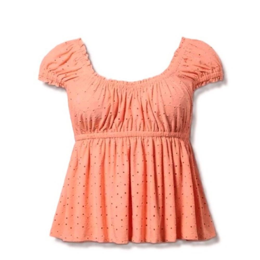 Torrid Papaya Punch Eyelet Scoop Neck Cap Sleeve Babydoll Top Size 0 L 12 Peplum